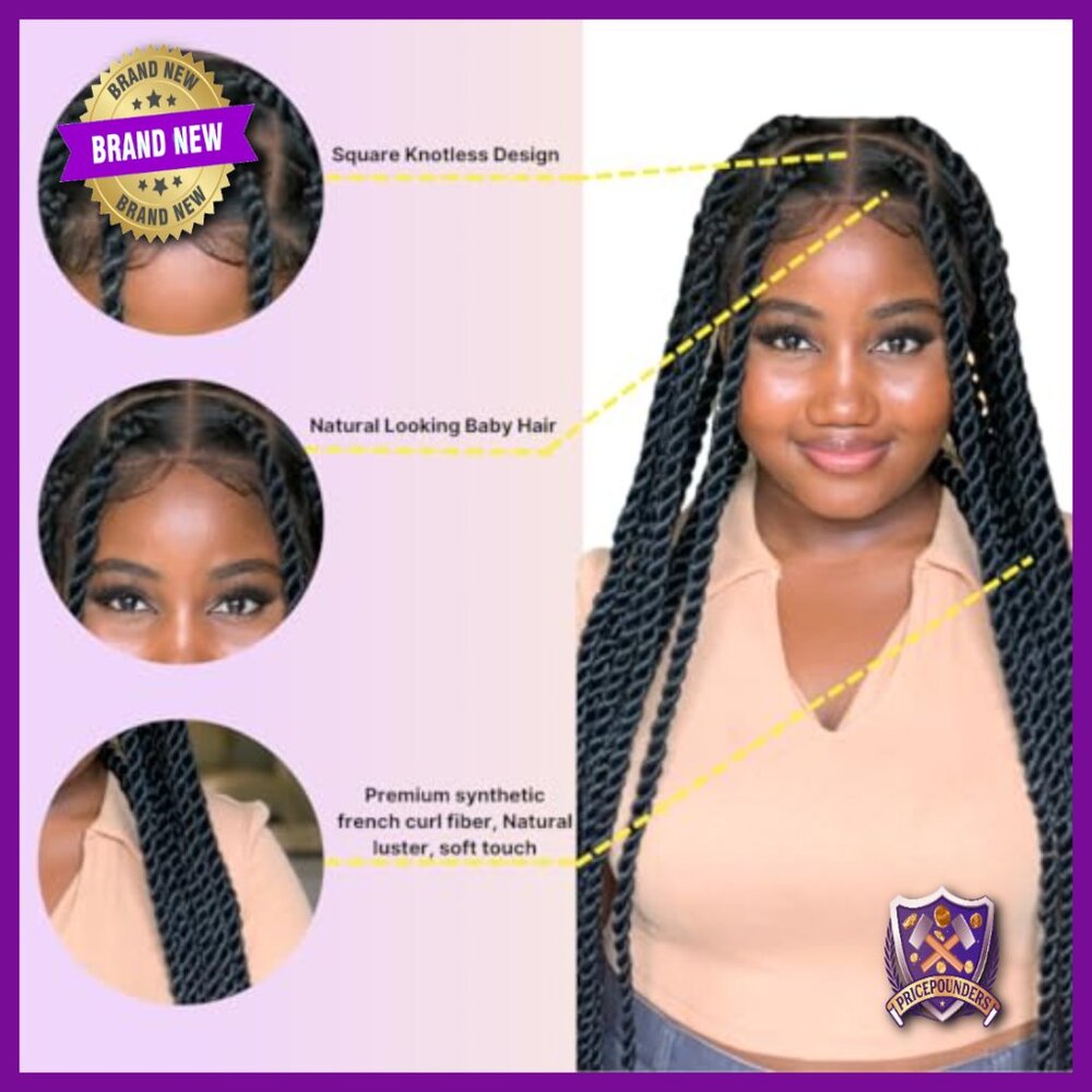 36" Full Lace Knotless Jumbo Twist Braided Wig, Synthetic, Pre-Plucked - Picture 2 of 6